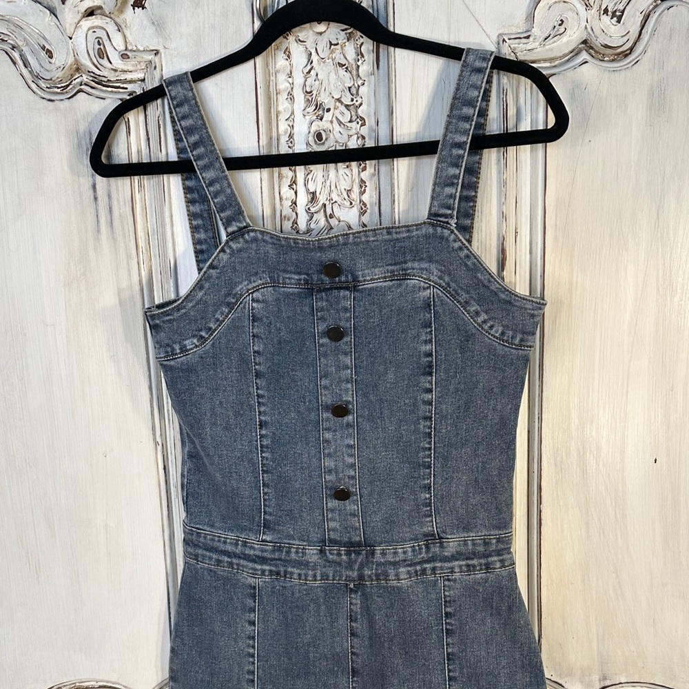 Retro Groovy Medium Wash Denim Strap Jumpsuit - Picture 2 of 13